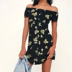 Obey Rosa Black Floral Print Off-the-Shoulder Button-Front Dress Size Small